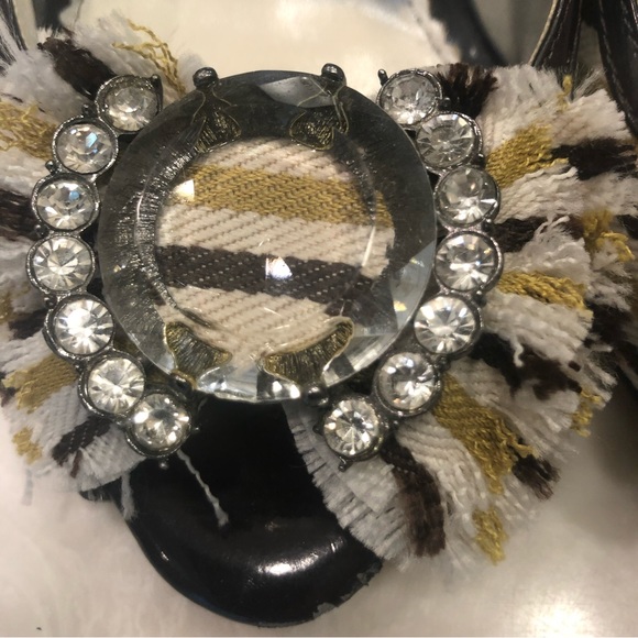 Tribeca peep-toe pumps, large rhinestone bling, white, gold, brown stripes, Sz 7 - Picture 11 of 13